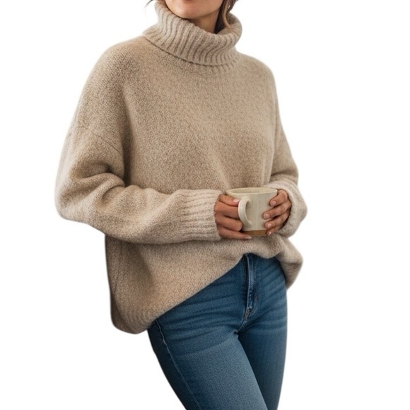 Topshop Sweaters - Topshop Beige Drop Shoulder Turtleneck Sweater